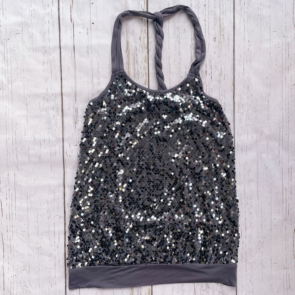 Express Women’s Gray Sequin Braided Back Elastic Waist Halter Tank Top Size XS